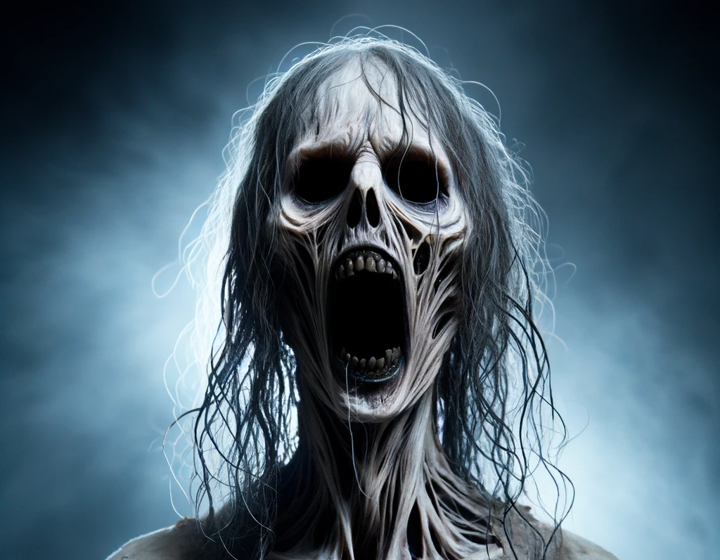 Candle Face, skeletal figure emerging from darkness with hollow eyes and mouth frozen in a silent scream.