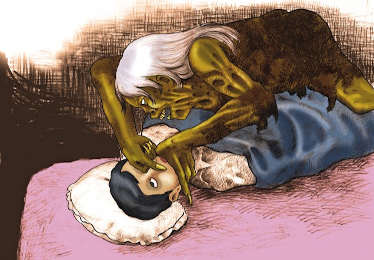 Candle Face looms over Ray in bed, covering his mouth and nose with her hands. The Empty Lot Next Door.