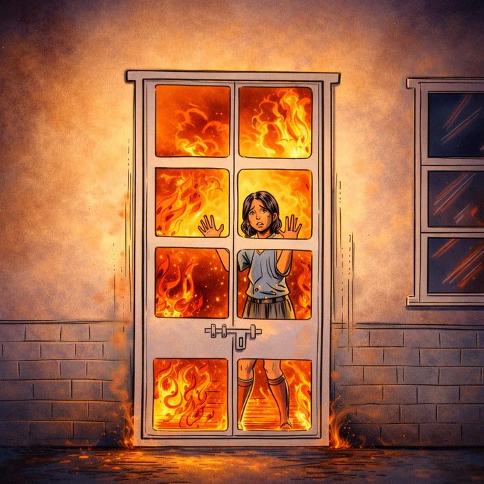 Illustration of a frightened girl pressing her hands to a glass door as flames rage behind her. The Crawl Space.