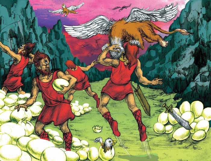 Red-clad warriors fight flying griffins and steal their eggs in a rocky mountain pass. The Empty Lot Next Door.