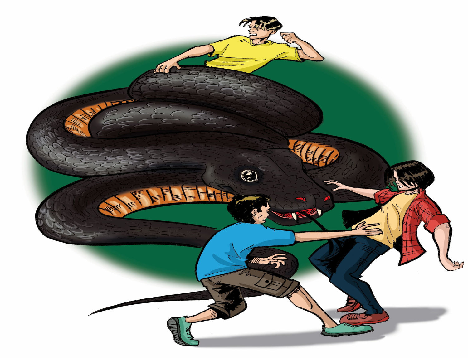 Bruce, Mark, and Charles fight off a massive coiled black snake with bared fangs. The Crawl Space.
