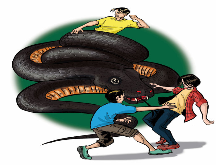 Bruce, Mark, and Charles fight off a massive coiled black snake with bared fangs. The Crawl Space.