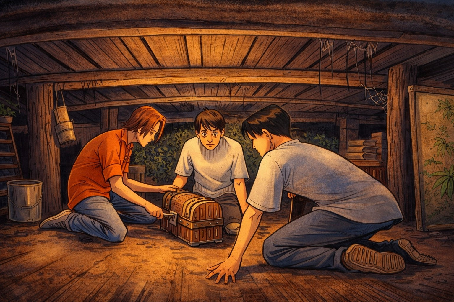 Bruce, Mark, and Charles kneel around a wooden chest in a dim crawl space. The Crawl Space.