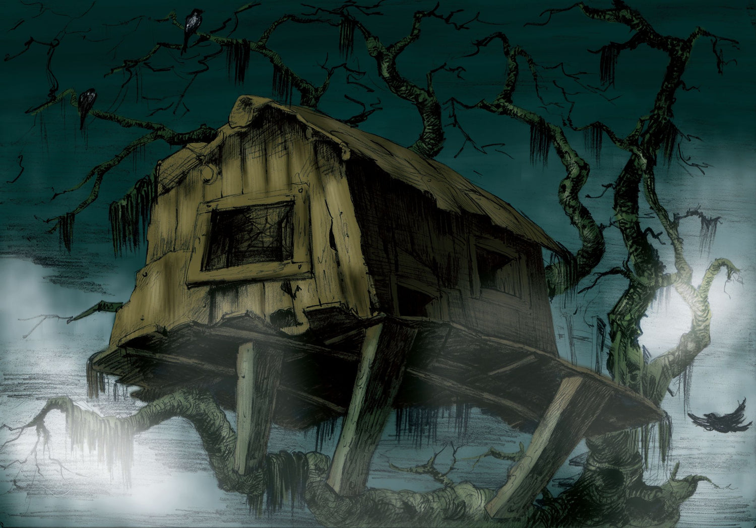 Weathered treehouse in the empty lot, perched in a twisted old tree with crows and hanging moss. The Empty Lot Next Door.