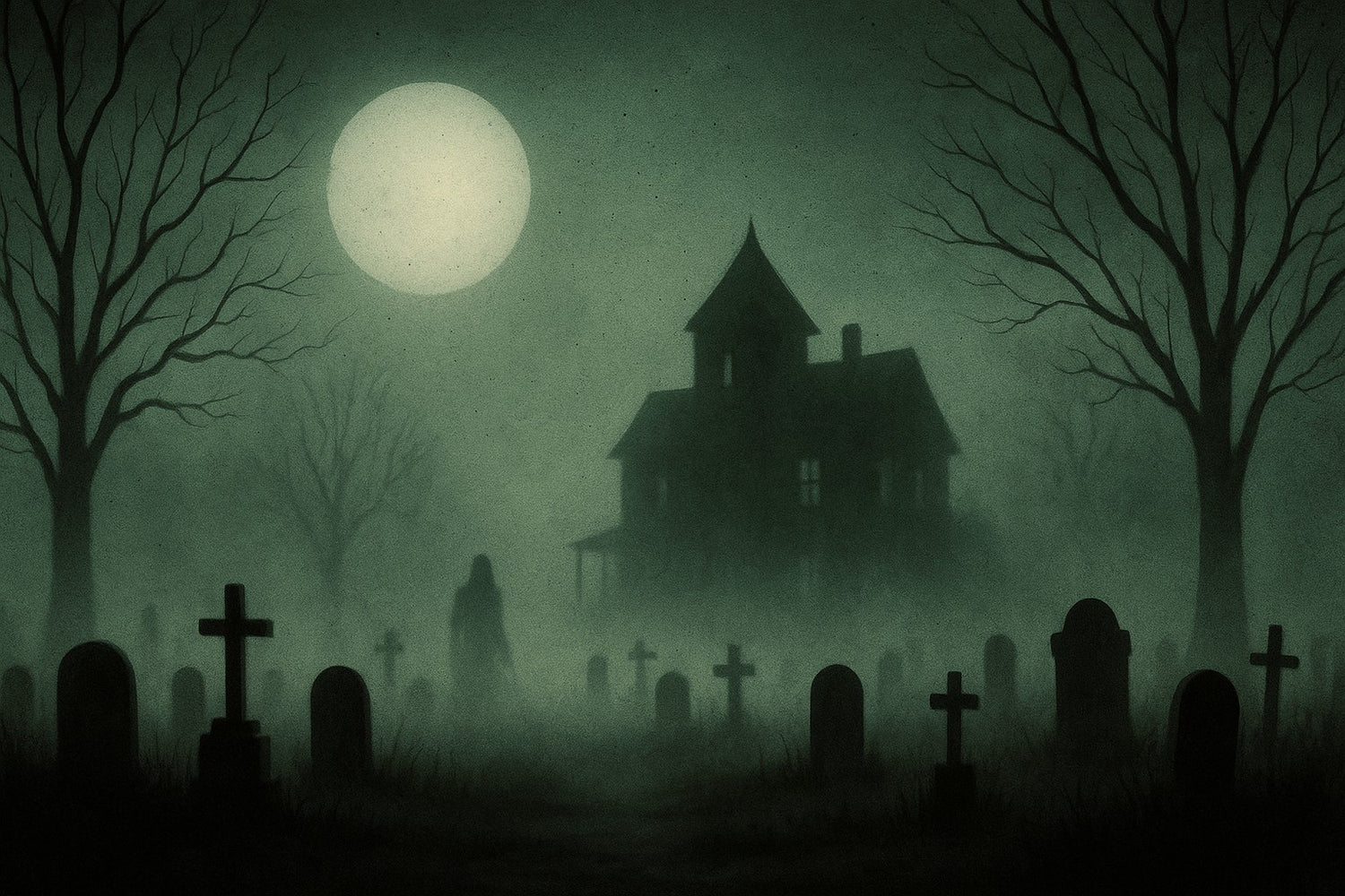 Haunted house behind a foggy graveyard under a full moon, a ghostly figure among the headstones. The Haunted Handbook.